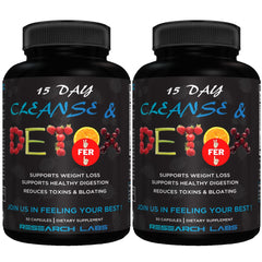 Research Labs 15 Day Colon Cleanse bottle front highlighting digestive support and toxin flush potential.