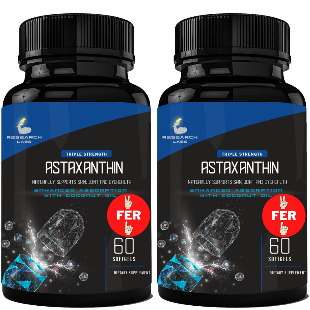 Research Labs astaxanthin softgels bottle clearly shows 12 mg strength for daily antioxidant support.