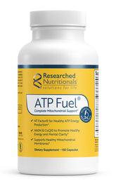 Researched Nutritionals ATP Fuel bottle showing packaging for mitochondrial support.