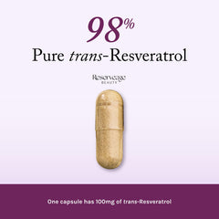 Close-up of Reserveage Beauty Resveratrol 100 mg capsules ready for daily use