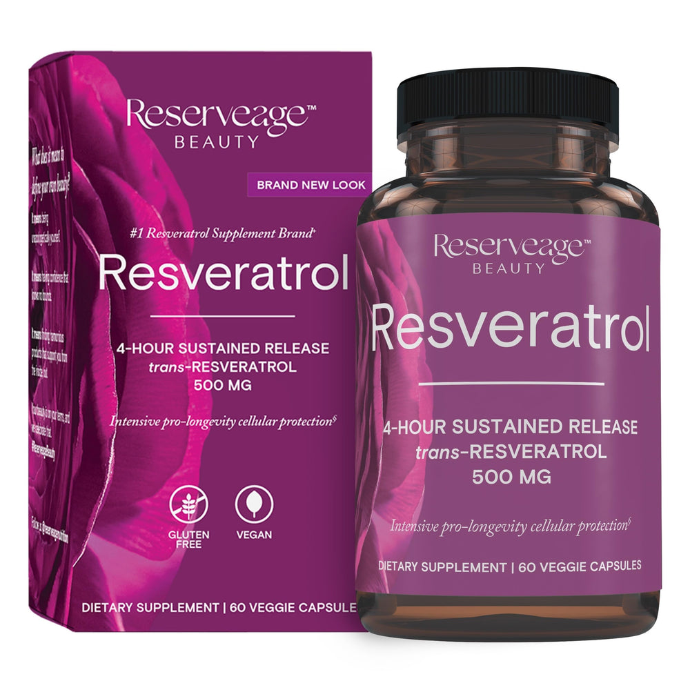 Reserveage Beauty resveratrol 500mg bottle with label for antioxidant support