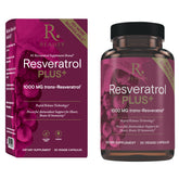 Reserveage Beauty Resveratrol Plus+ bottle showing easy daily capsules for immune and brain wellness