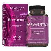 Reserveage Resveratrol 250mg bottle on white background signals antioxidant support for aging.