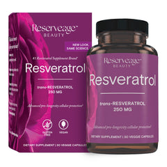 Reserveage Resveratrol 30-capsules bottle on counter for daily antioxidant support.