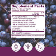 Reserveage Resveratrol bottle back shows dosing directions and ingredients for immune support.