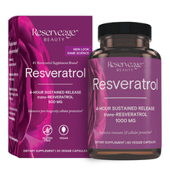 Reserveage Resveratrol bottle front highlights the antioxidant supplement for heart health.