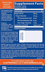 Restora Probiotic Omega-3 capsule closeup highlights daily support.