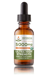 Restorative Botanicals hemp oil drops amber bottle promoting mood balance.
