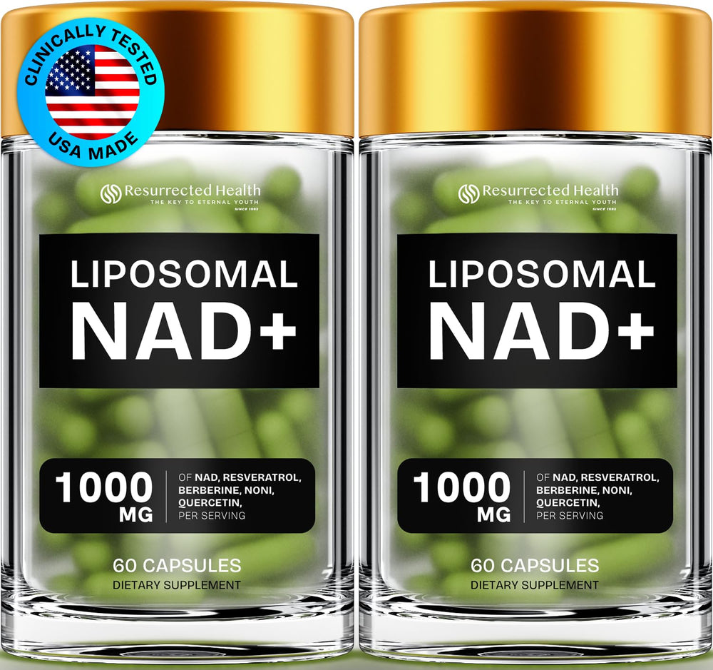 Resurrected Health liposomal NAD+ bottle close-up for daily energy support.