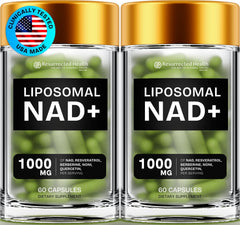 Resurrected Health liposomal NAD+ bottle close-up for daily energy support.