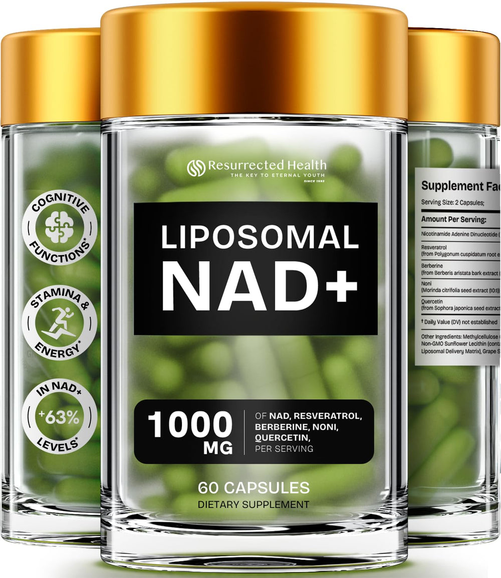 Resurrected Health liposomal NAD bottle promotes convenient daily supplementation.