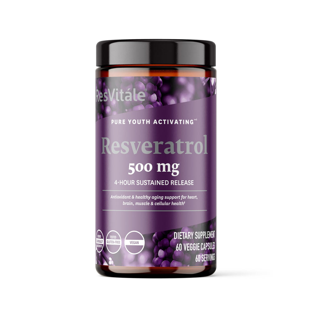 ResVitale Resveratrol 500 mg bottle front highlighting daily antioxidant support