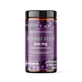 ResVitale Resveratrol bottle label shows 500 mg per capsule for daily vitality.