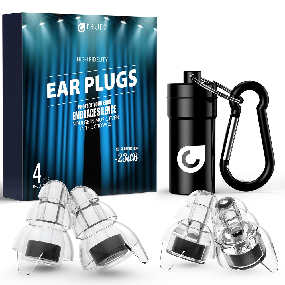 Reure high fidelity ear plugs at a concert preserving sound clarity