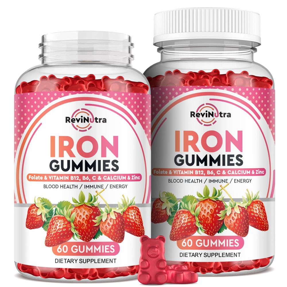 ReviNutra Iron Gummies bottle pour for convenient daily iron support.