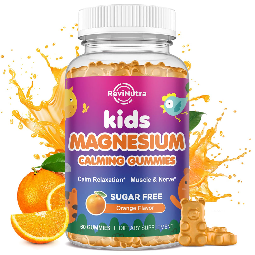 ReviNutra Calm Magnesium Gummies for kids bottle with orange flavor and vegan formula.