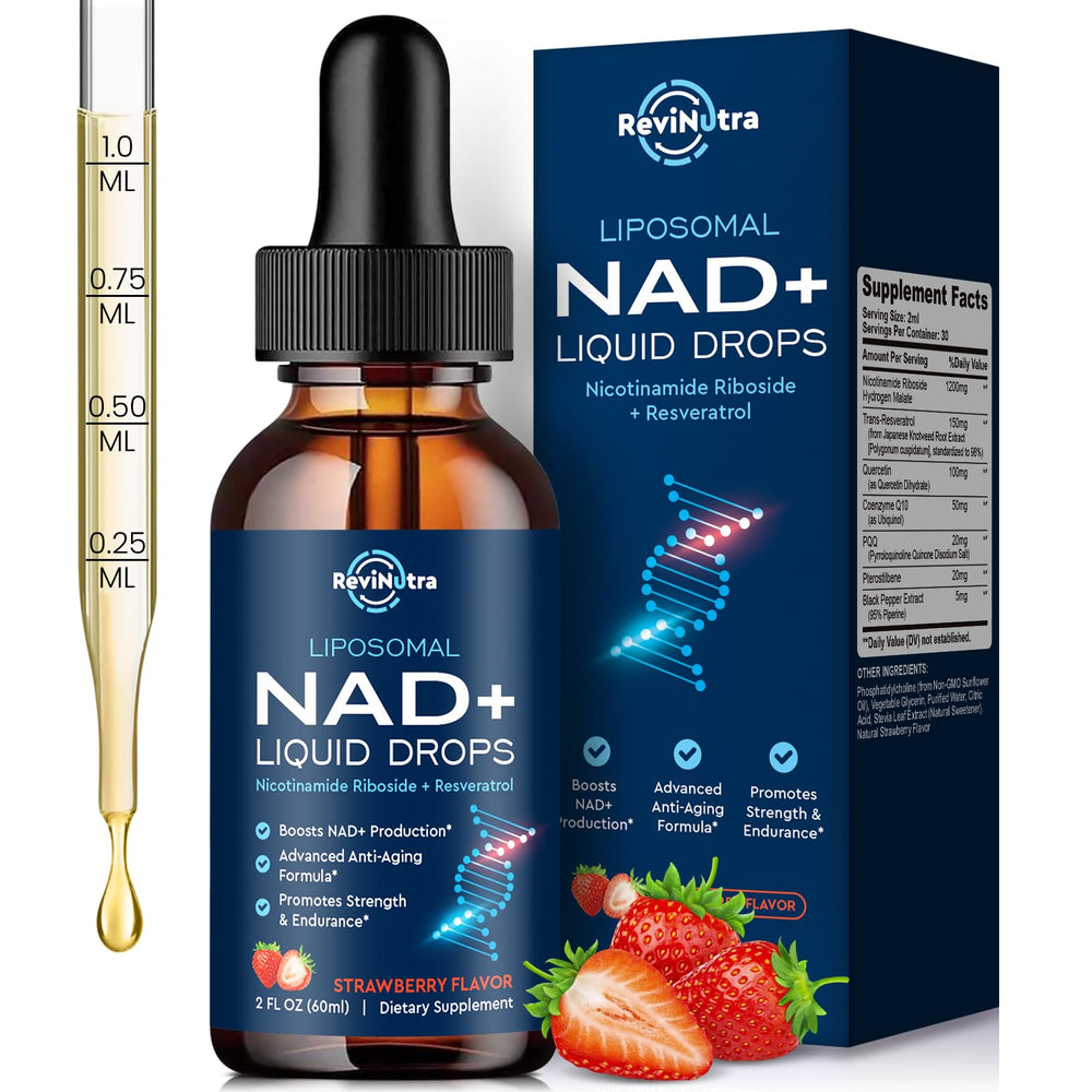 ReviNutra liposomal NAD+ liquid bottle for daily energy and cellular support