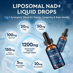 ReviNutra liposomal NAD+ liquid dropper enabling quick absorption and easy dosing