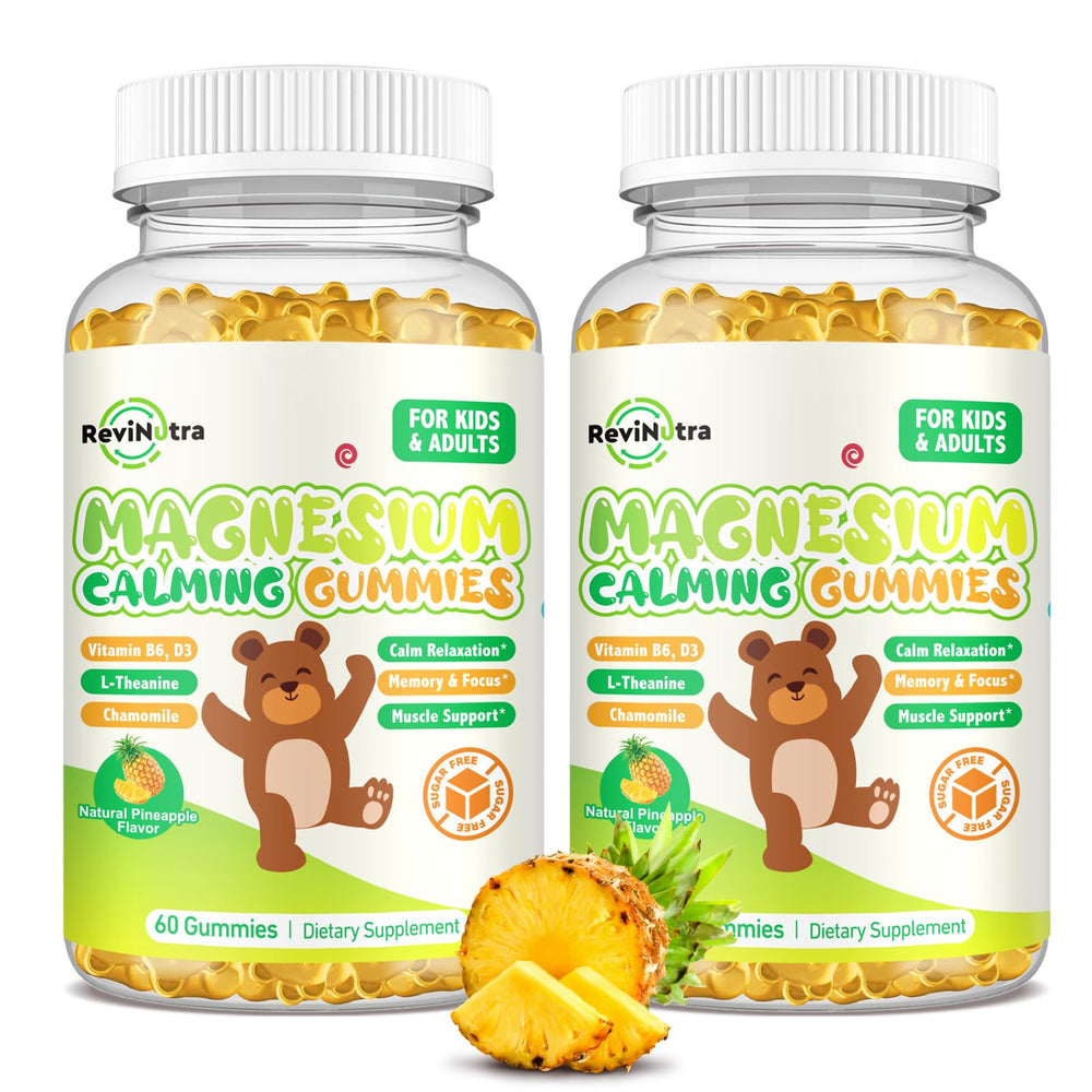 ReviNutra magnesium gummies for kids in a pineapple bottle, easy daily calm.