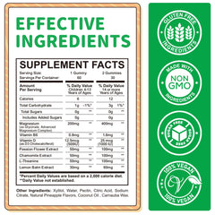 Close-up of ReviNutra label on kid-friendly magnesium gummies packaging.