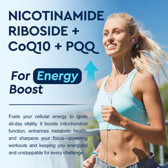 ReviNutra NAD+ with PQQ and CoQ10 molecules label emphasizes mitochondrial nutrients