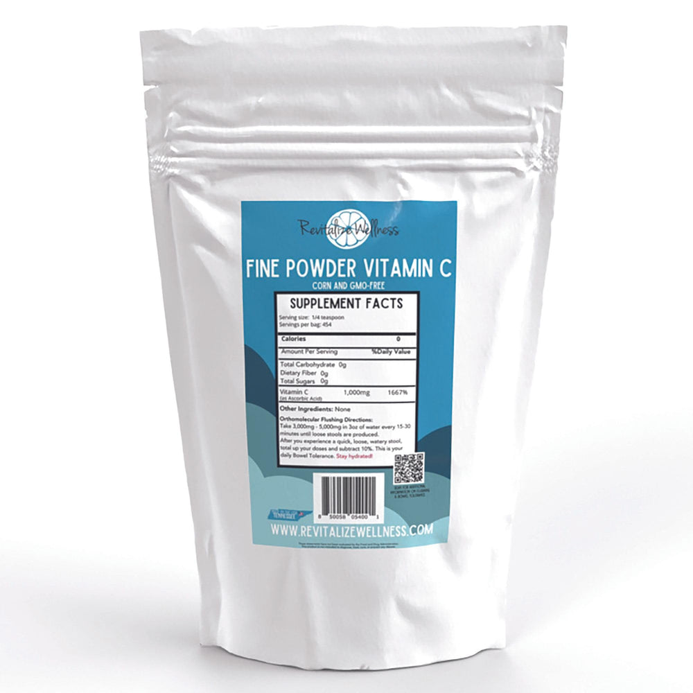 Revitalize Wellness Vitamin C powder with a scoop for easy mixing to support daily immune routines.