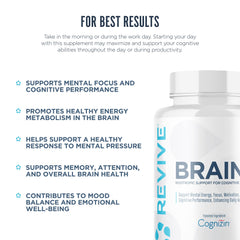 Ingredient panel on Revive MD Brain packaging highlights B vitamins and Alpha-GPC.