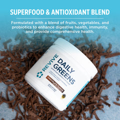 Revive MD chocolate powder being poured into a glass for easy daily greens mix.