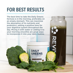 Revive MD Daily Green Powder scoop beside a prepared shake for a convenient daily boost.