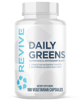 Revive MD Daily Greens bottle front illustrating immune support and digestion