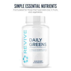 Revive MD Daily Greens ingredients panel highlights Wheatgrass, Spirulina, and Chlorella