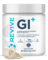 Revive MD GI Plus tub front shows vegan, gluten-free packaging for gut health support.