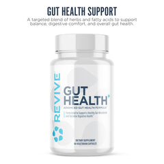Closeup of Revive MD Gut Health capsules, vegan-friendly and gluten-free