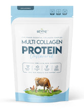 Revive Naturals Multi-Collagen tub front shows five collagen types for skin and joints.