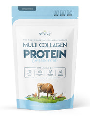 Revive Naturals Multi-Collagen tub front shows five collagen types for skin and joints.