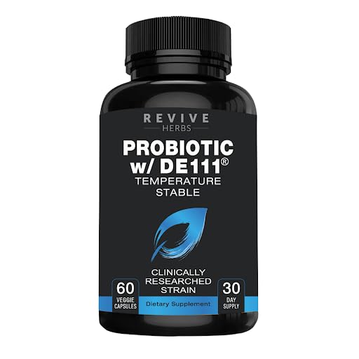 Revive Herbs Advanced Probiotic with DE111 bottle showing 11.5B CFU for gut balance.