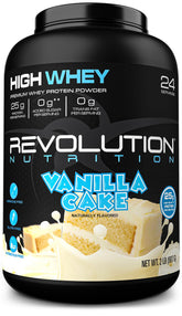 Revolution Nutrition High Whey vanilla cake tub for protein-packed workouts and post-training recovery.