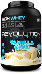 Revolution Nutrition High Whey vanilla cake tub for protein-packed workouts and post-training recovery.