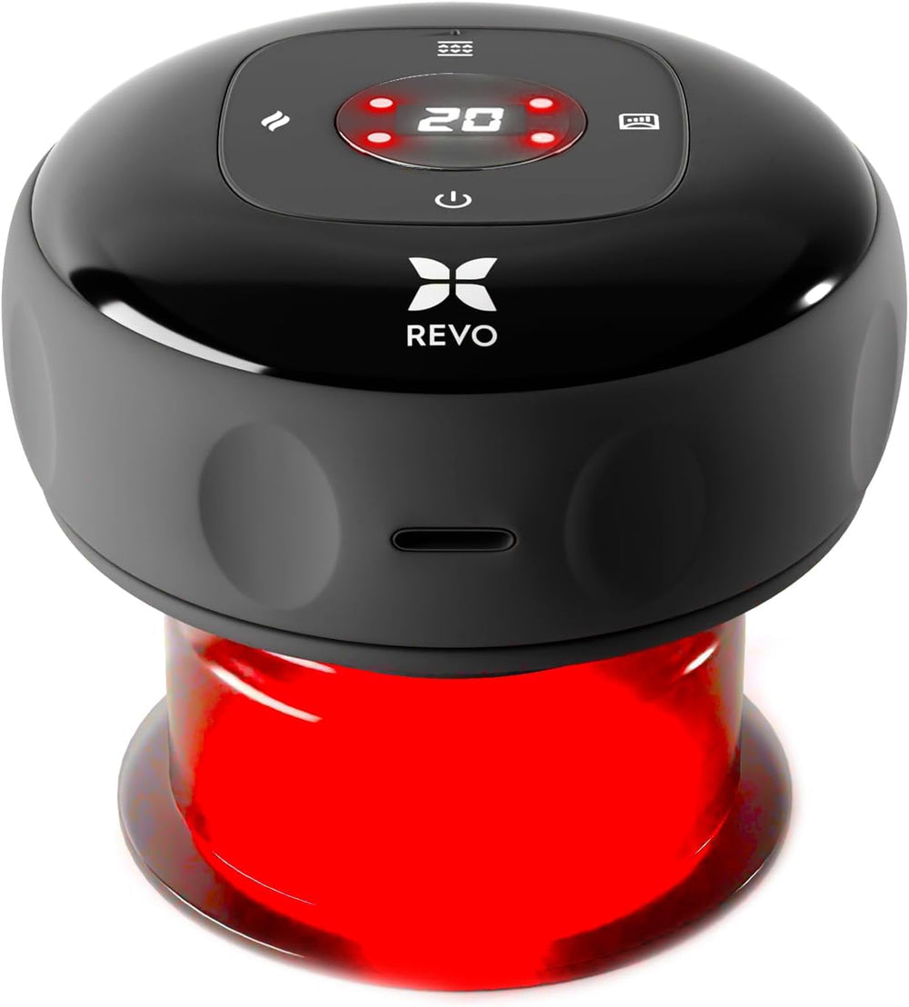 REVOMADIC REVO cupping device on back for targeted relief and improved circulation.