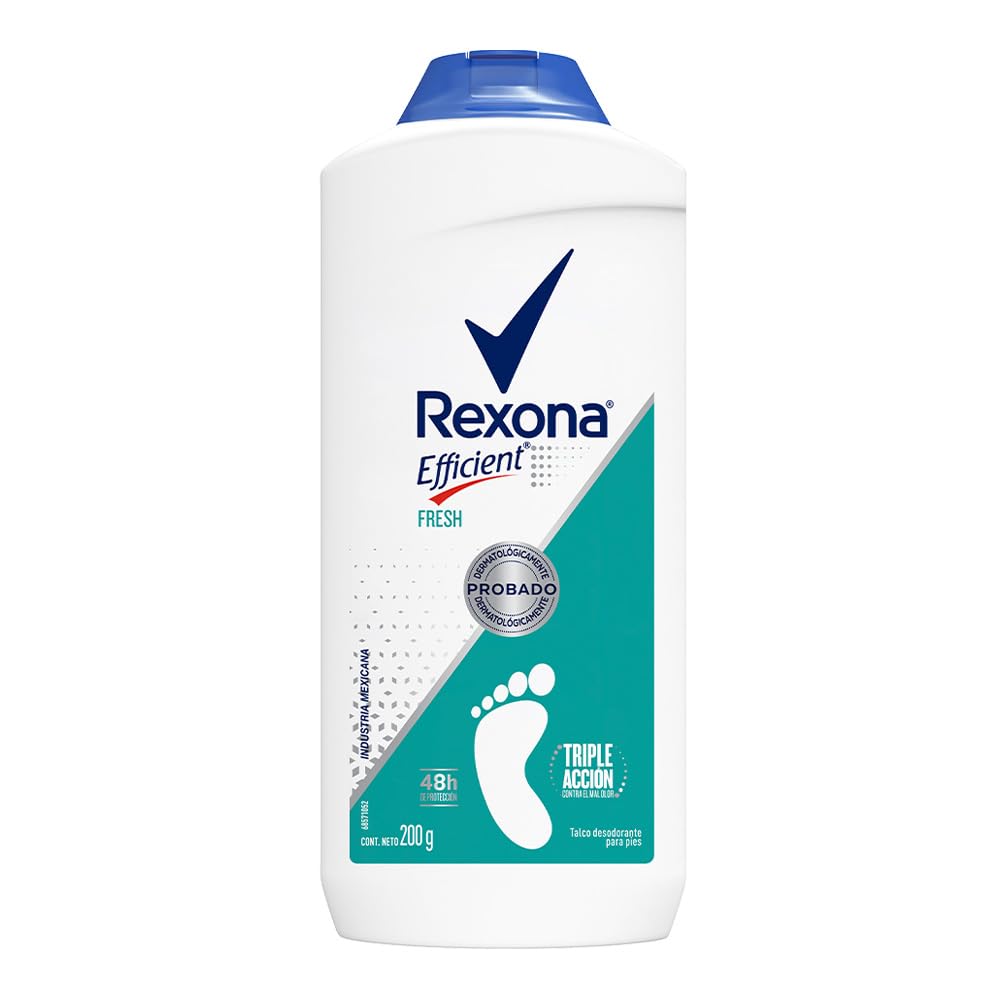 Rexona foot powder with zinc oxide, efficient fresh shown in powder texture for lasting comfort.