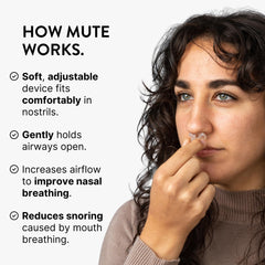Rhinomed Mute stays in place during sleep for steadier breathing.