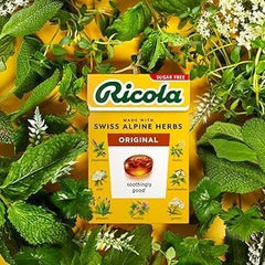 Ricola label close-up emphasizes Swiss herb blend and sugar-free formulation.