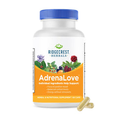 RidgeCrest AdrenaLove bottle front with vegan capsules for stress support.