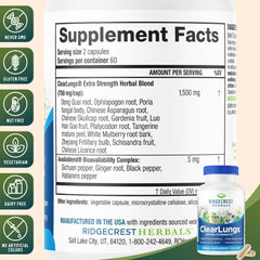 RidgeCrest ClearLungs Extra Strength label close-up highlights ingredients