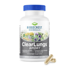 RidgeCrest Herbals ClearLungs Sport bottle with capsules for active breathing support during workouts.
