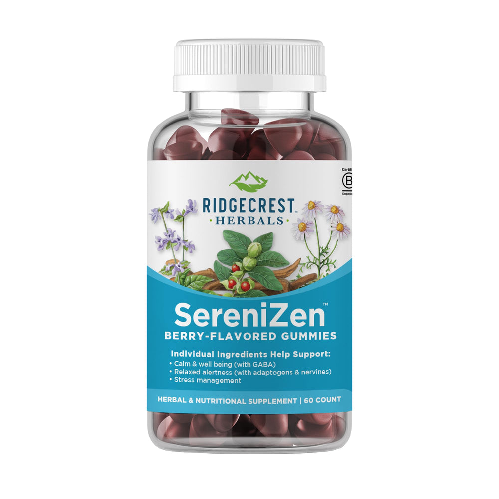 RidgeCrest SereniZen bottle with gummies for daily calm and balance.
