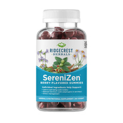 RidgeCrest SereniZen bottle with gummies for daily calm and balance.