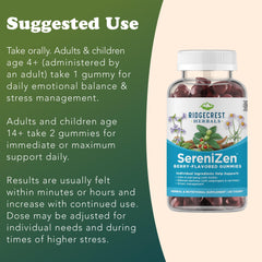 RidgeCrest SereniZen gummies close-up highlighting GABA and L-Theanine.