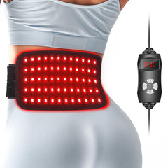 Rikimxin red-light therapy belt close-up showing flexible waist fit for home use.
