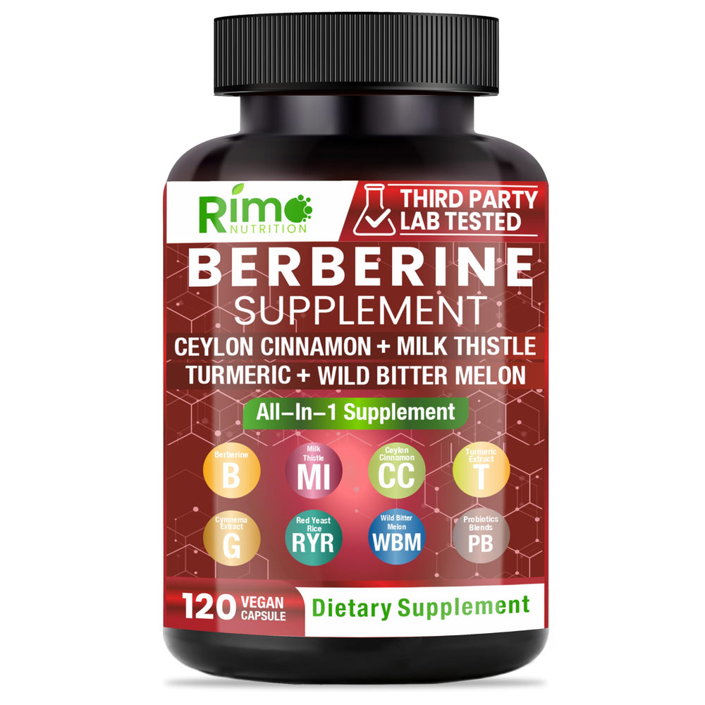 Rimo Nutrition Berberine with Ceylon Cinnamon bottle for daily wellness support.
